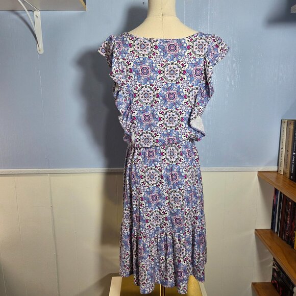 Loft Medium Pink Blue Floral V Neck Ruffle Sleeveless Knee Length Summer Dress - Picture 6 of 9